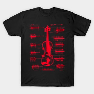 Red  Neon Da Vinci violin blueprint T-Shirt